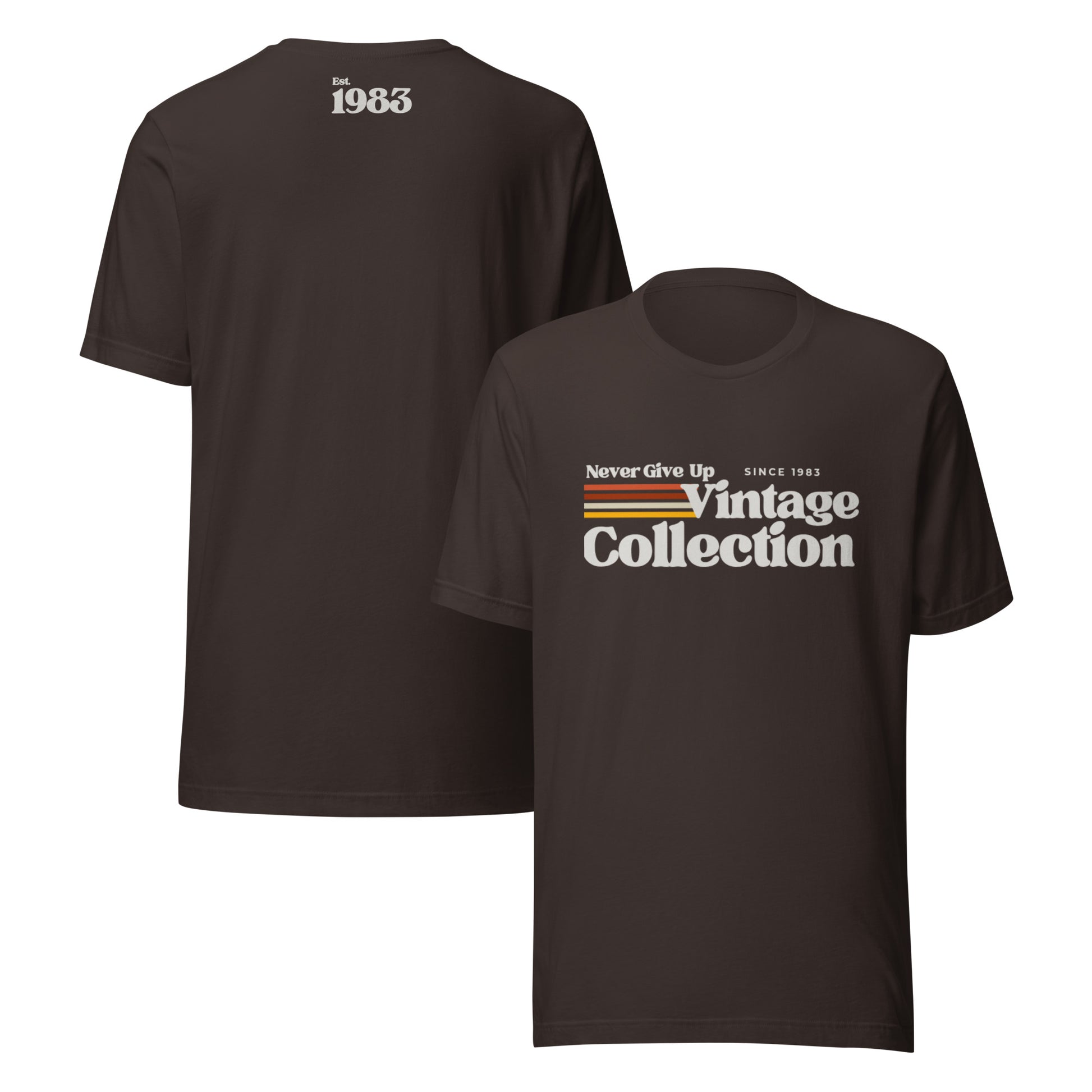 Retro Collection t-shirt with "Never Give Up Vintage Collection Since 1983" graphic.