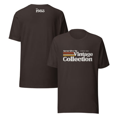 Retro Collection t-shirt with "Never Give Up Vintage Collection Since 1983" graphic.