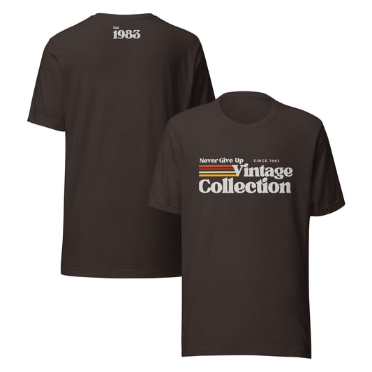 Retro Collection t-shirt with "Never Give Up Vintage Collection Since 1983" graphic.