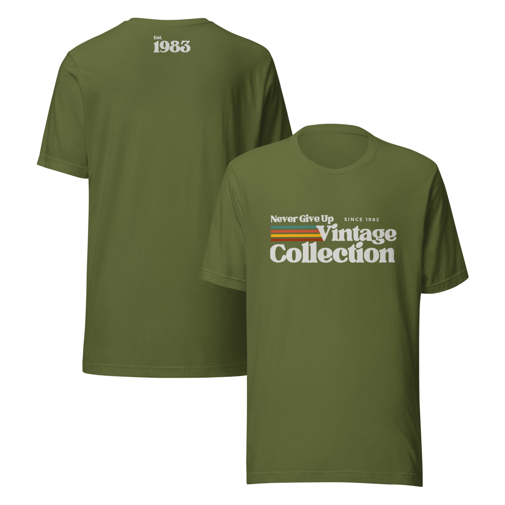 Olive green t-shirt with "Never Give Up Vintage Collection Since 1983" graphic.