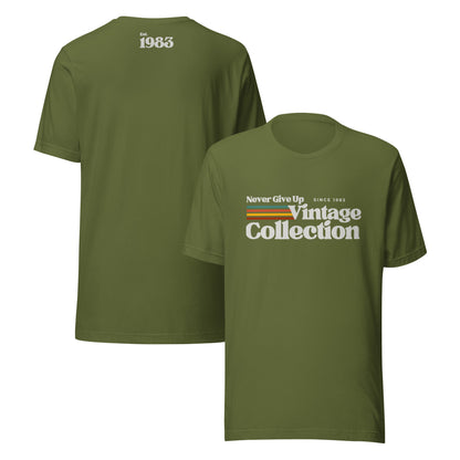 Olive green t-shirt with "Never Give Up Vintage Collection Since 1983" graphic.
