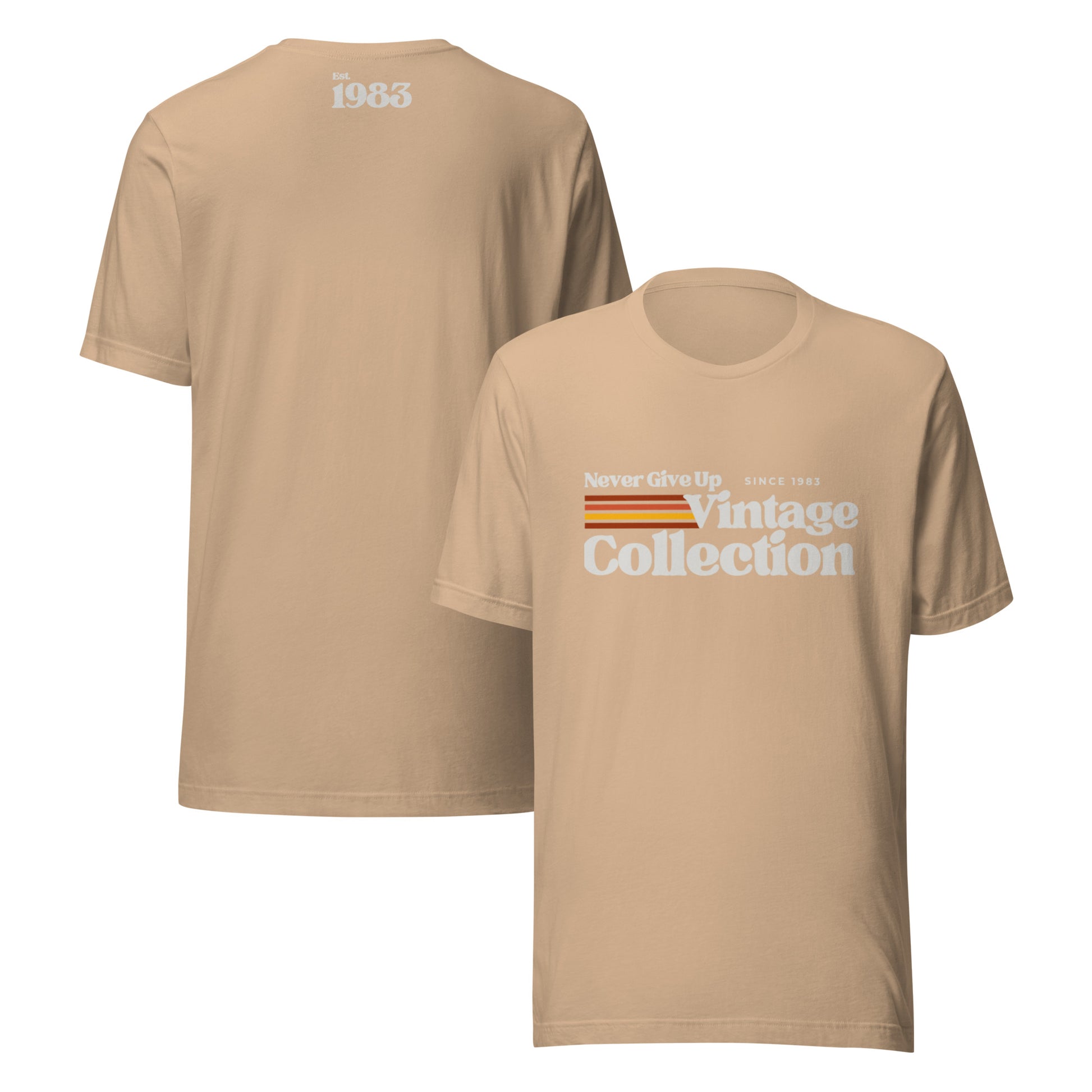 A tan unisex t-shirt with "Never Give Up Since 1983 Vintage Collection" graphic.