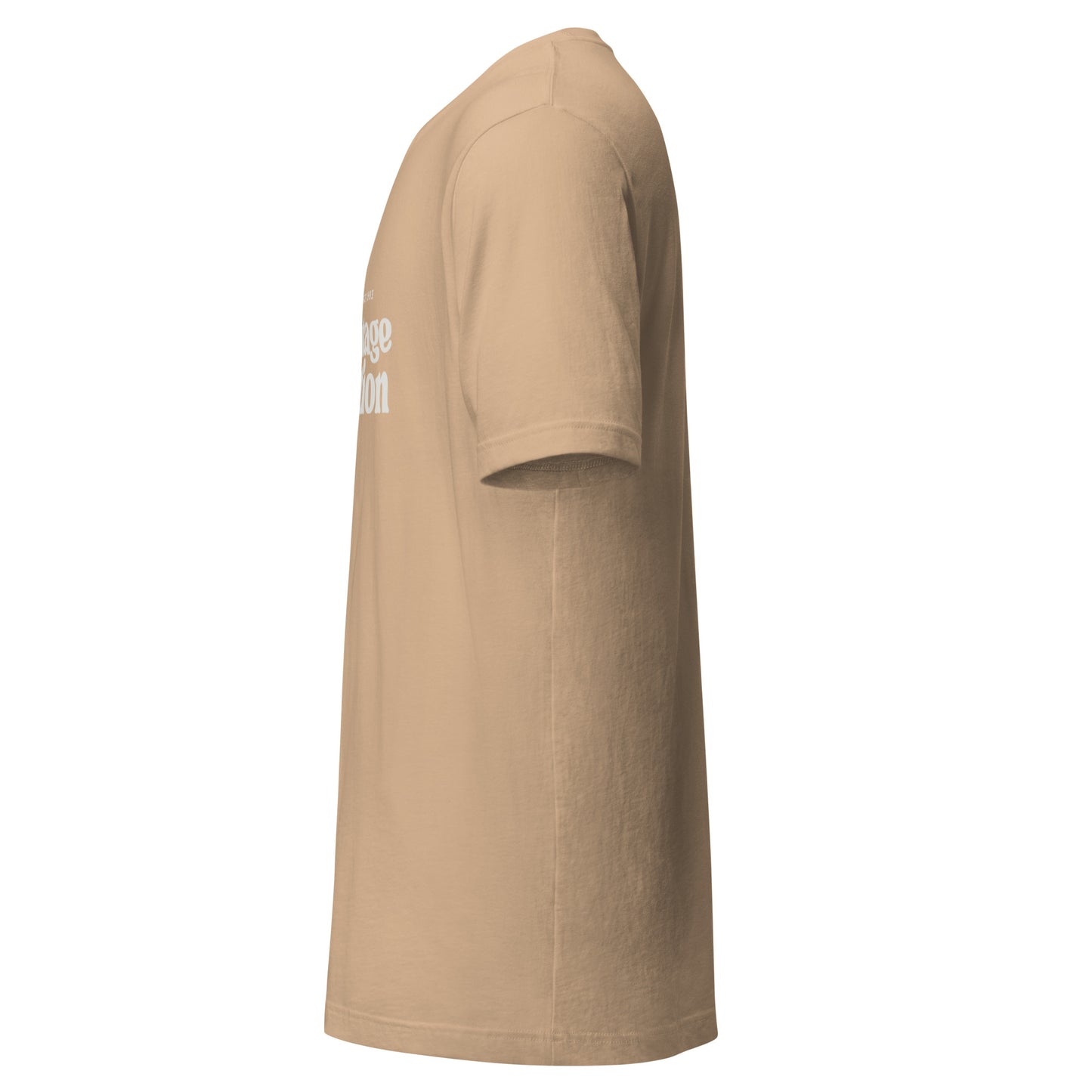 A tan unisex t-shirt with white text.