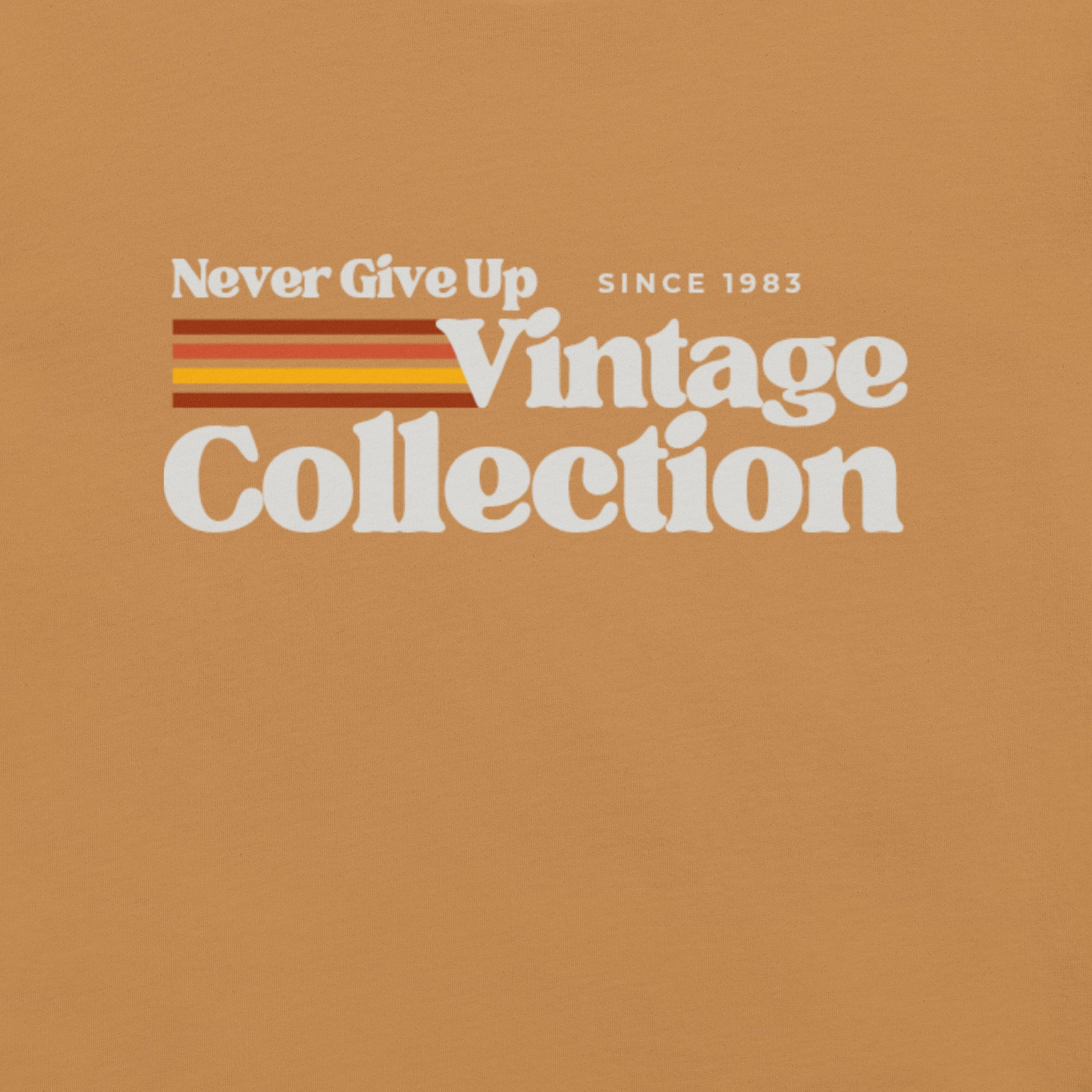 Retro collection t-shirt with "Never Give Up Vintage Collection Since 1983" text.