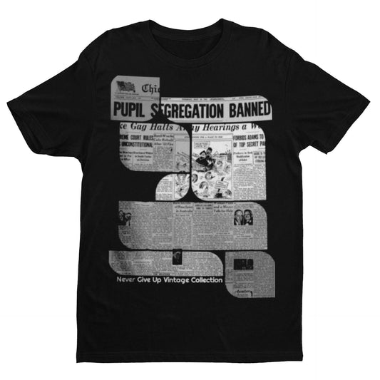 Black t-shirt with a vintage newspaper print about segregation being banned.